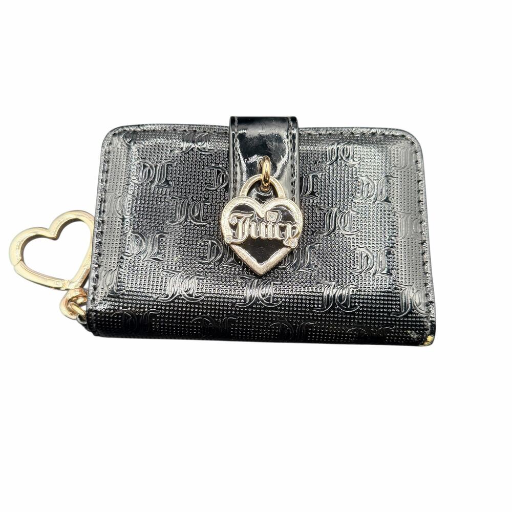 Juicy Couture Black Monogram Wallet Card Holder Heart Charm Zip Coin